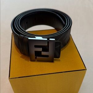 Fendi Black Belt with Silver/Black Black Logo Buckle (Reversible)